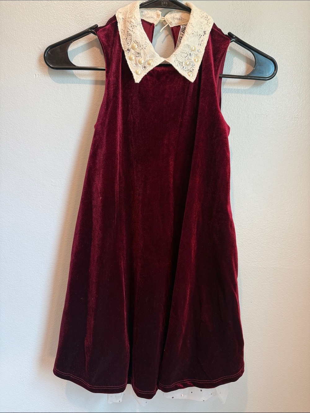 Beautees 7 Velvet Burgundy Red Dress with Cream Lace Collar